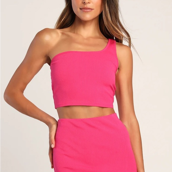 Lulu’s Pink One-Shoulder Crop Top and Skirt Set - Picture 2 of 10
